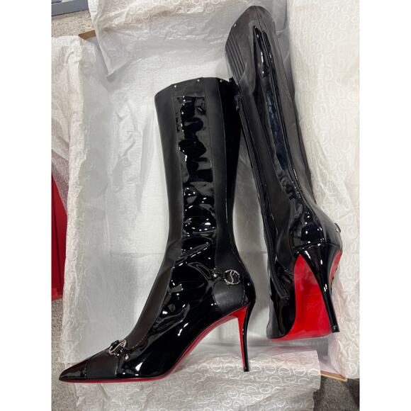 Christian Louboutin CL IN 90S Botta 80 Black Logo Leather Knee High Heel Boot 38 - Picture 12 of 15